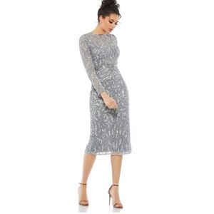 Mac Duggal Platinum Silver Paisley Beaded Long Sleeve Midi Dress 5521 Size 4 NWT